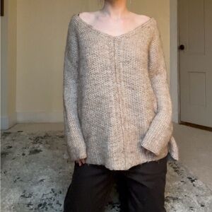 Moth Tan V-Neck Sweater with Chunky Knit Oversized Soft Comfy Flowy Cute Luxury